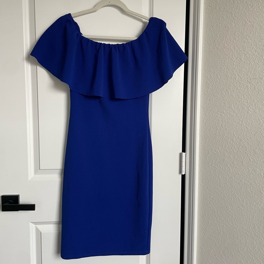 Almost Famous Blue Off Shoulder Ruffle Bodycon Dress Womens Medium Party Casual